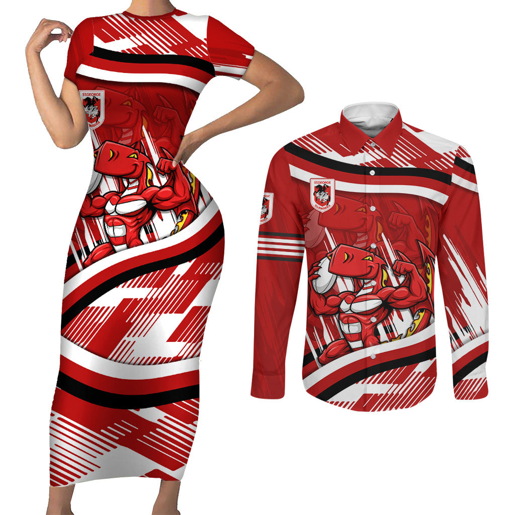 Dragons Rugby Mascot Couples Matching Short Sleeve Bodycon Dress and Long Sleeve Button Shirt Fierce Athlete Graphic in Sports Style