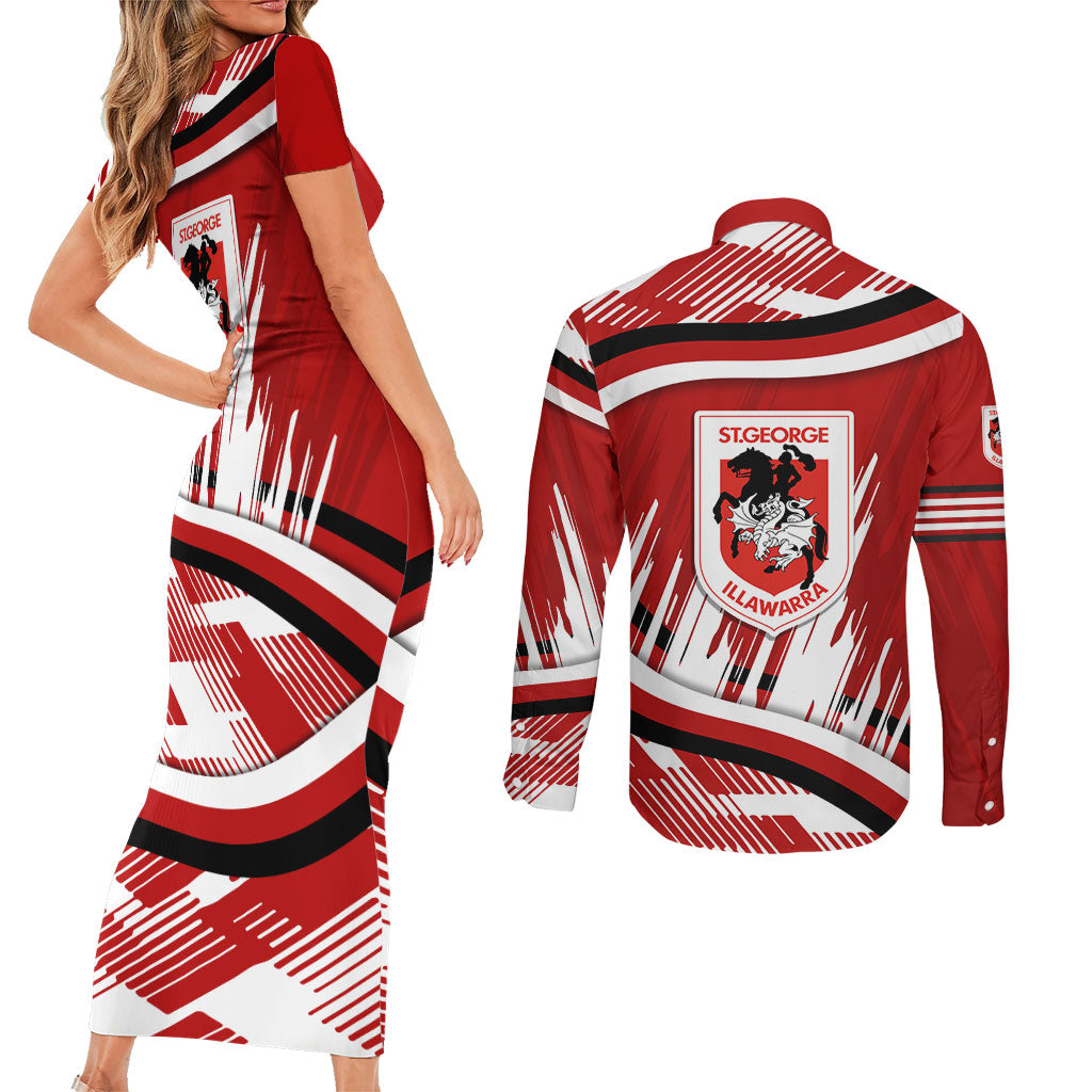 Dragons Rugby Mascot Couples Matching Short Sleeve Bodycon Dress and Long Sleeve Button Shirt Fierce Athlete Graphic in Sports Style