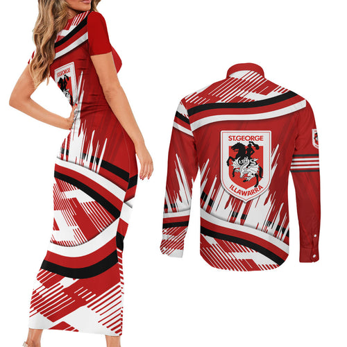 Dragons Rugby Mascot Couples Matching Short Sleeve Bodycon Dress and Long Sleeve Button Shirt Fierce Athlete Graphic in Sports Style