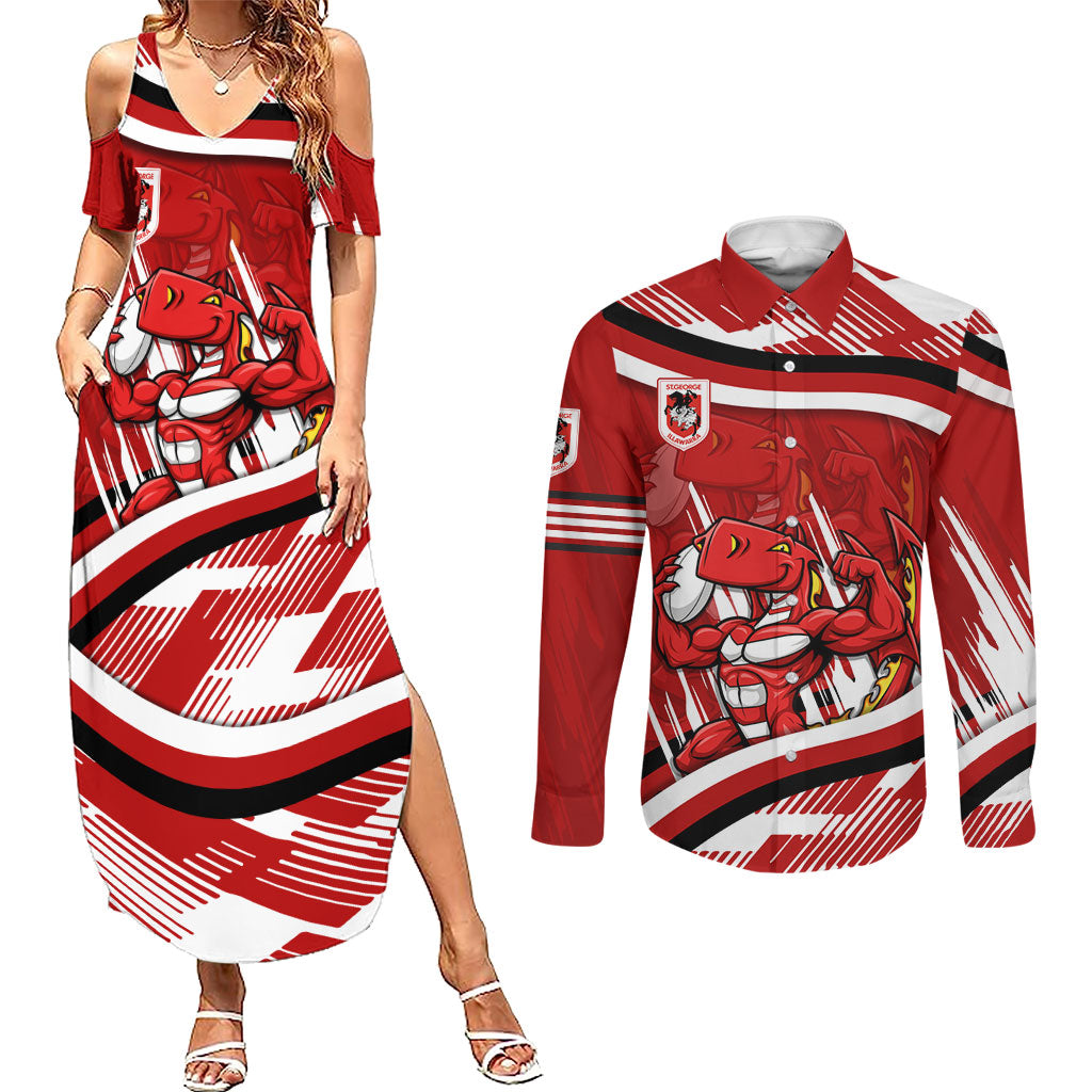Dragons Rugby Mascot Couples Matching Summer Maxi Dress and Long Sleeve Button Shirt Fierce Athlete Graphic in Sports Style
