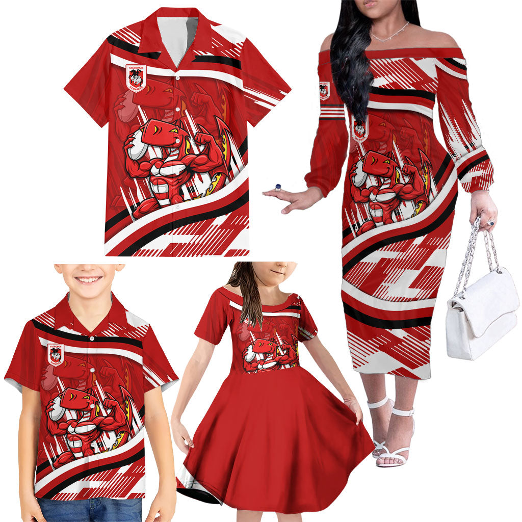 Dragons Rugby Mascot Family Matching Off The Shoulder Long Sleeve Dress and Hawaiian Shirt Fierce Athlete Graphic in Sports Style