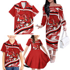 Dragons Rugby Mascot Family Matching Off The Shoulder Long Sleeve Dress and Hawaiian Shirt Fierce Athlete Graphic in Sports Style