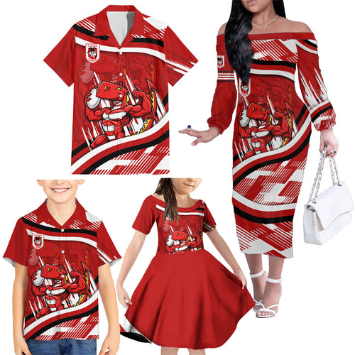 Dragons Rugby Mascot Family Matching Off The Shoulder Long Sleeve Dress and Hawaiian Shirt Fierce Athlete Graphic in Sports Style