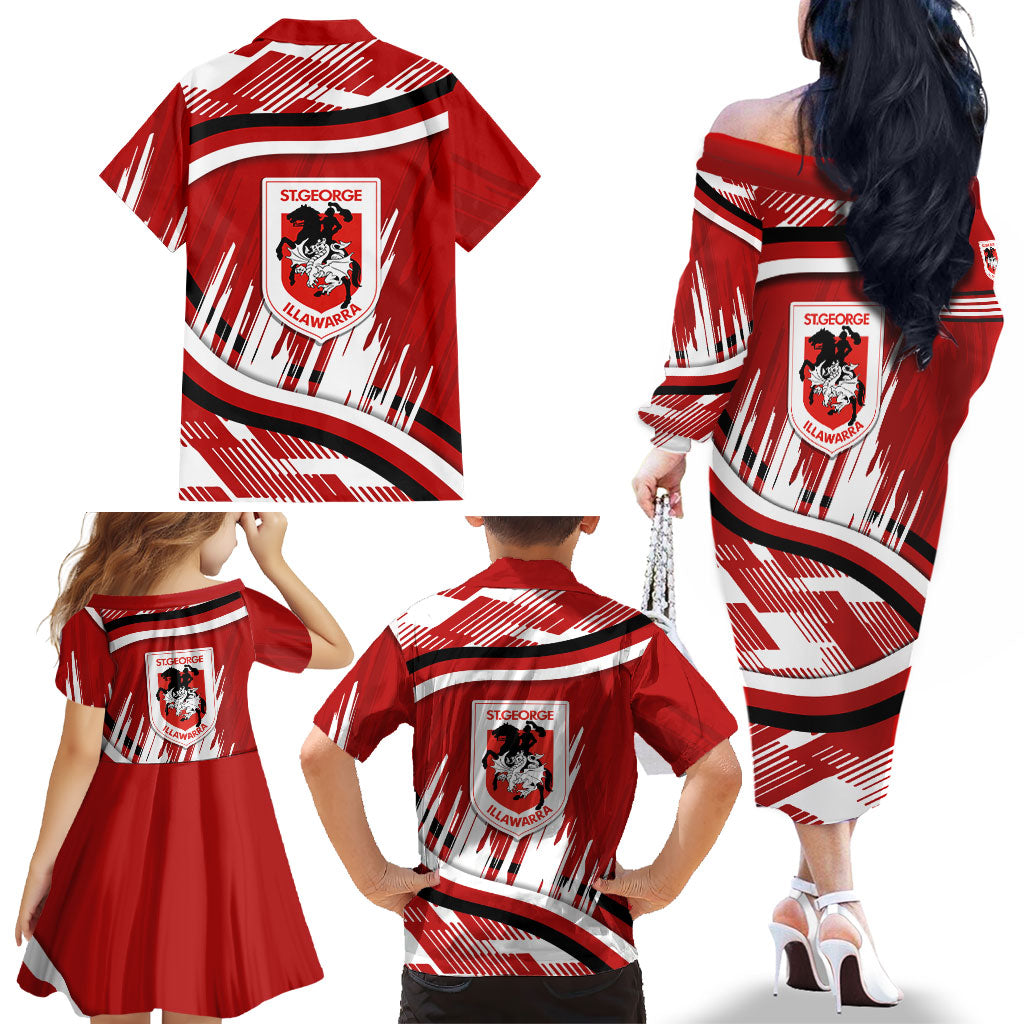 Dragons Rugby Mascot Family Matching Off The Shoulder Long Sleeve Dress and Hawaiian Shirt Fierce Athlete Graphic in Sports Style