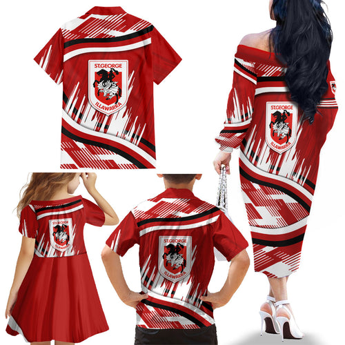 Dragons Rugby Mascot Family Matching Off The Shoulder Long Sleeve Dress and Hawaiian Shirt Fierce Athlete Graphic in Sports Style