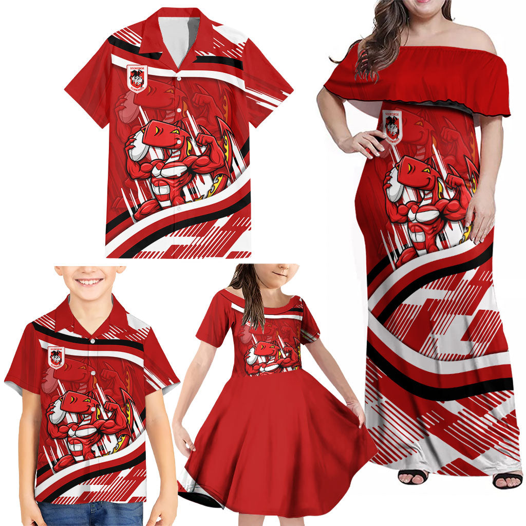 Dragons Rugby Mascot Family Matching Off Shoulder Maxi Dress and Hawaiian Shirt Fierce Athlete Graphic in Sports Style