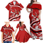 Dragons Rugby Mascot Family Matching Off Shoulder Maxi Dress and Hawaiian Shirt Fierce Athlete Graphic in Sports Style