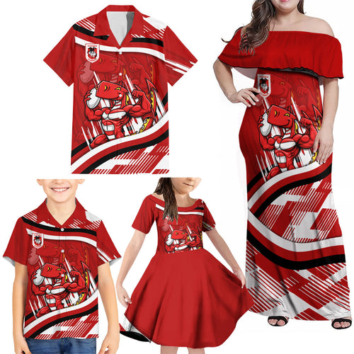 Dragons Rugby Mascot Family Matching Off Shoulder Maxi Dress and Hawaiian Shirt Fierce Athlete Graphic in Sports Style
