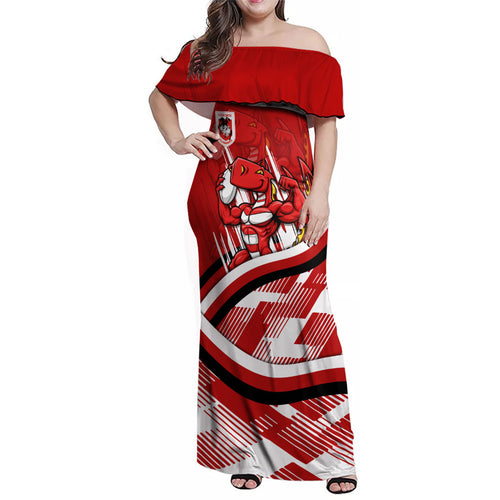 Dragons Rugby Mascot Family Matching Off Shoulder Maxi Dress and Hawaiian Shirt Fierce Athlete Graphic in Sports Style