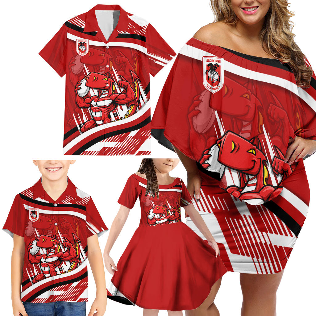 Dragons Rugby Mascot Family Matching Off Shoulder Short Dress and Hawaiian Shirt Fierce Athlete Graphic in Sports Style