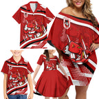 Dragons Rugby Mascot Family Matching Off Shoulder Short Dress and Hawaiian Shirt Fierce Athlete Graphic in Sports Style