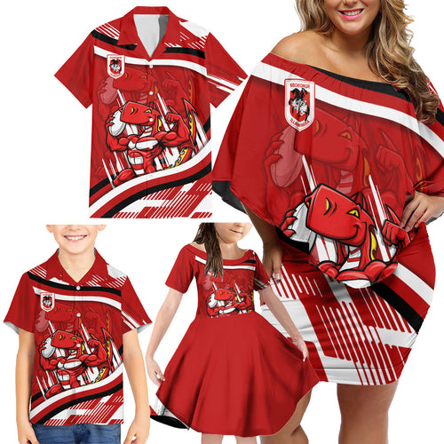 Dragons Rugby Mascot Family Matching Off Shoulder Short Dress and Hawaiian Shirt Fierce Athlete Graphic in Sports Style