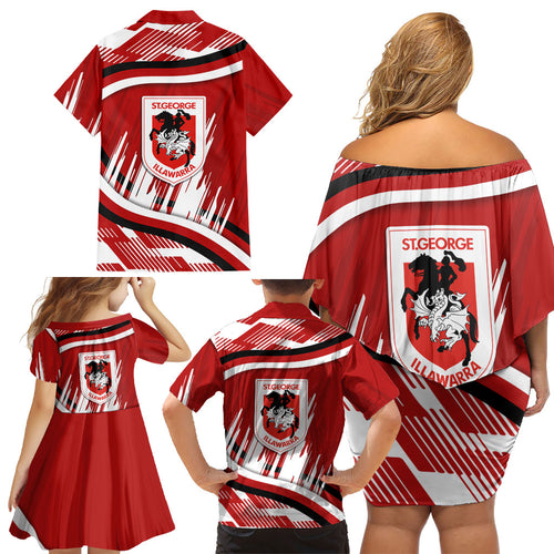 Dragons Rugby Mascot Family Matching Off Shoulder Short Dress and Hawaiian Shirt Fierce Athlete Graphic in Sports Style