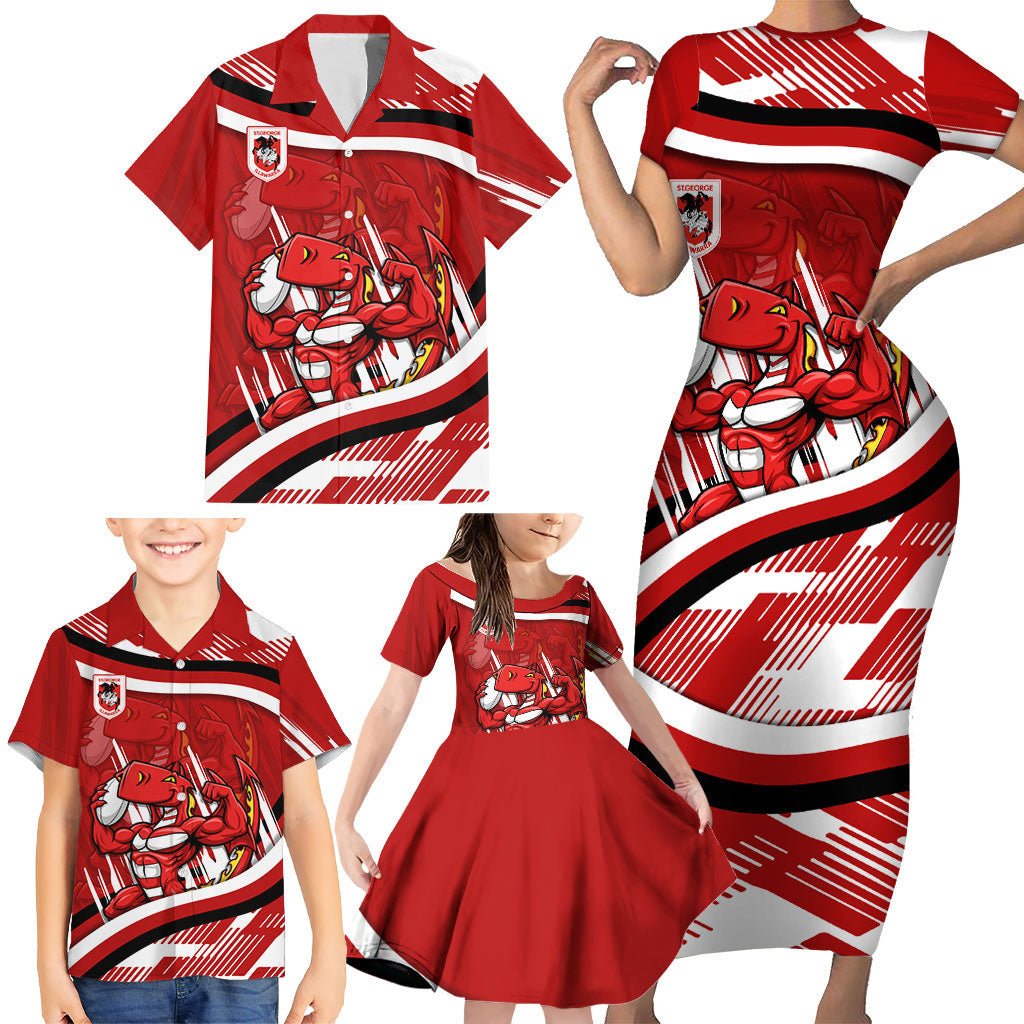 Dragons Rugby Mascot Family Matching Short Sleeve Bodycon Dress and Hawaiian Shirt Fierce Athlete Graphic in Sports Style