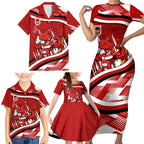 Dragons Rugby Mascot Family Matching Short Sleeve Bodycon Dress and Hawaiian Shirt Fierce Athlete Graphic in Sports Style