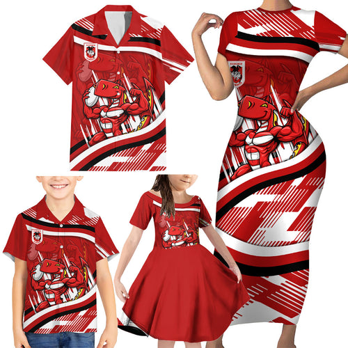 Dragons Rugby Mascot Family Matching Short Sleeve Bodycon Dress and Hawaiian Shirt Fierce Athlete Graphic in Sports Style