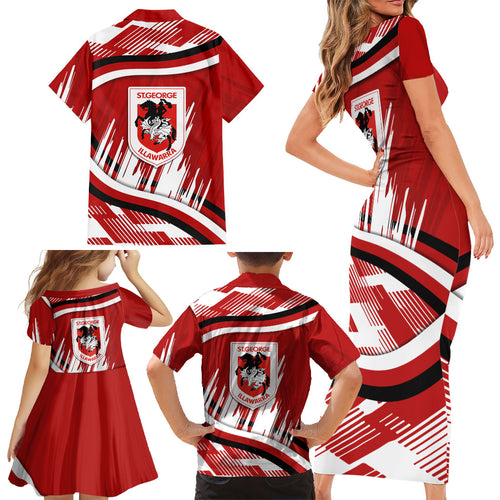 Dragons Rugby Mascot Family Matching Short Sleeve Bodycon Dress and Hawaiian Shirt Fierce Athlete Graphic in Sports Style