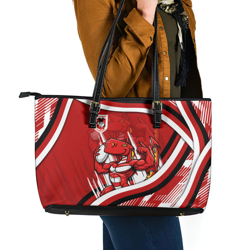 Dragons Rugby Mascot Leather Tote Bag Fierce Athlete Graphic in Sports Style