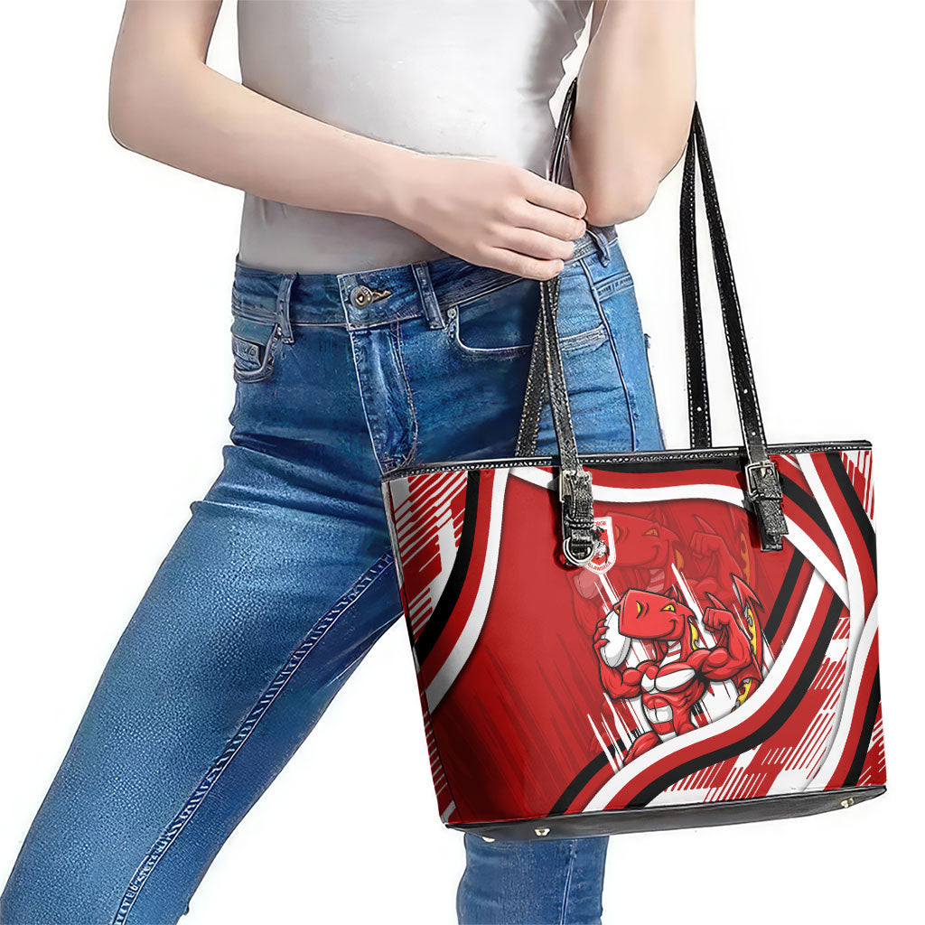 Dragons Rugby Mascot Leather Tote Bag Fierce Athlete Graphic in Sports Style