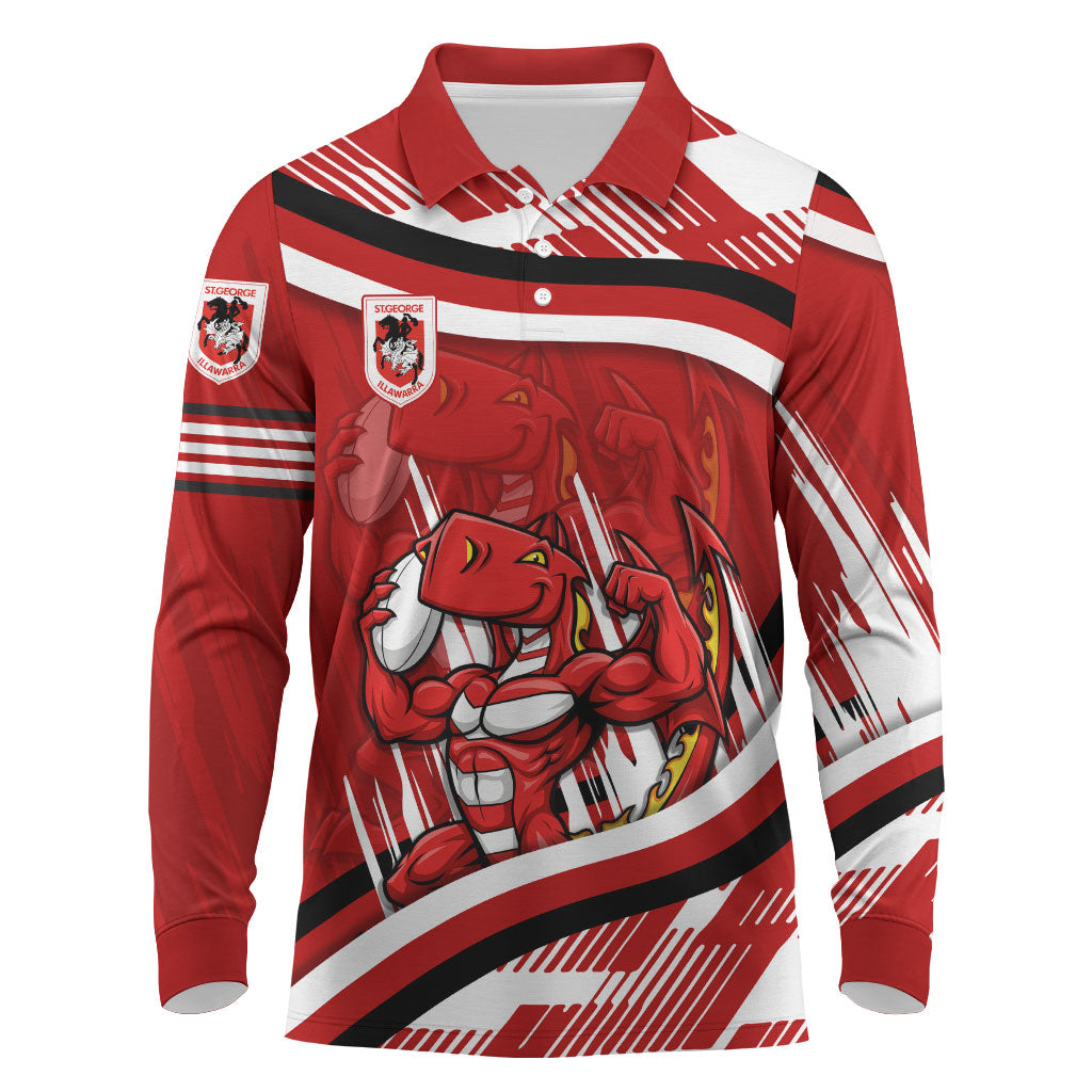 Dragons Rugby Mascot Long Sleeve Polo Shirt Fierce Athlete Graphic in Sports Style