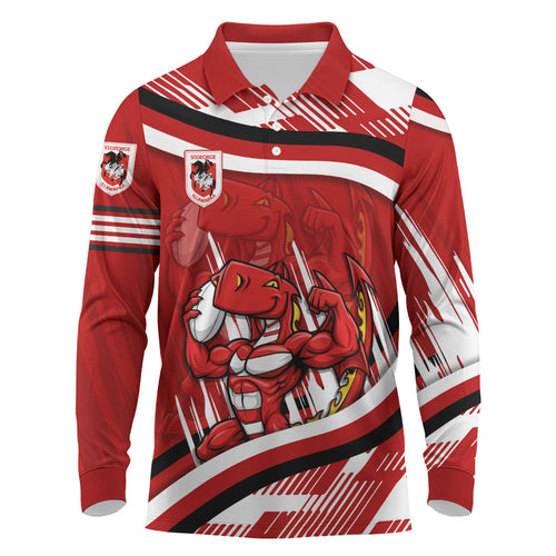 Dragons Rugby Mascot Long Sleeve Polo Shirt Fierce Athlete Graphic in Sports Style