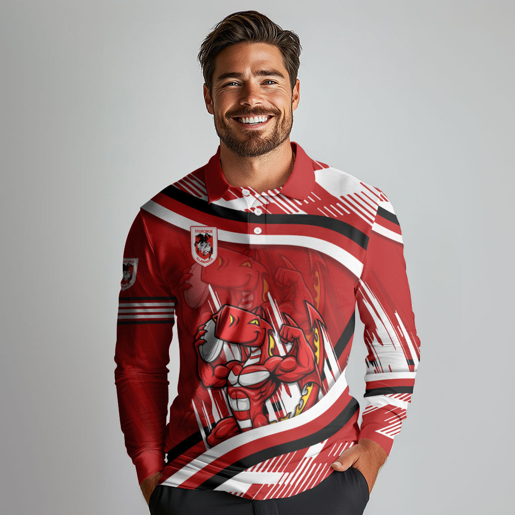 Dragons Rugby Mascot Long Sleeve Polo Shirt Fierce Athlete Graphic in Sports Style