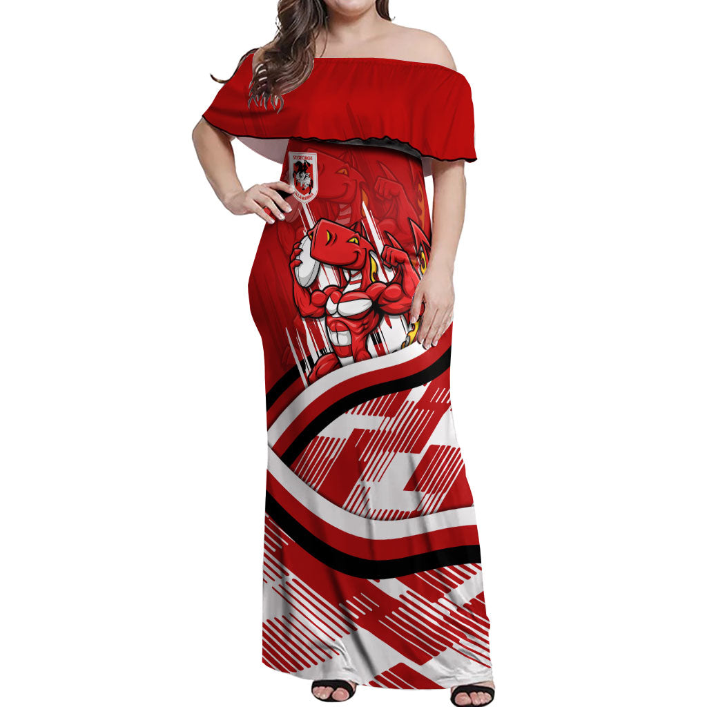 Dragons Rugby Mascot Off Shoulder Maxi Dress Fierce Athlete Graphic in Sports Style
