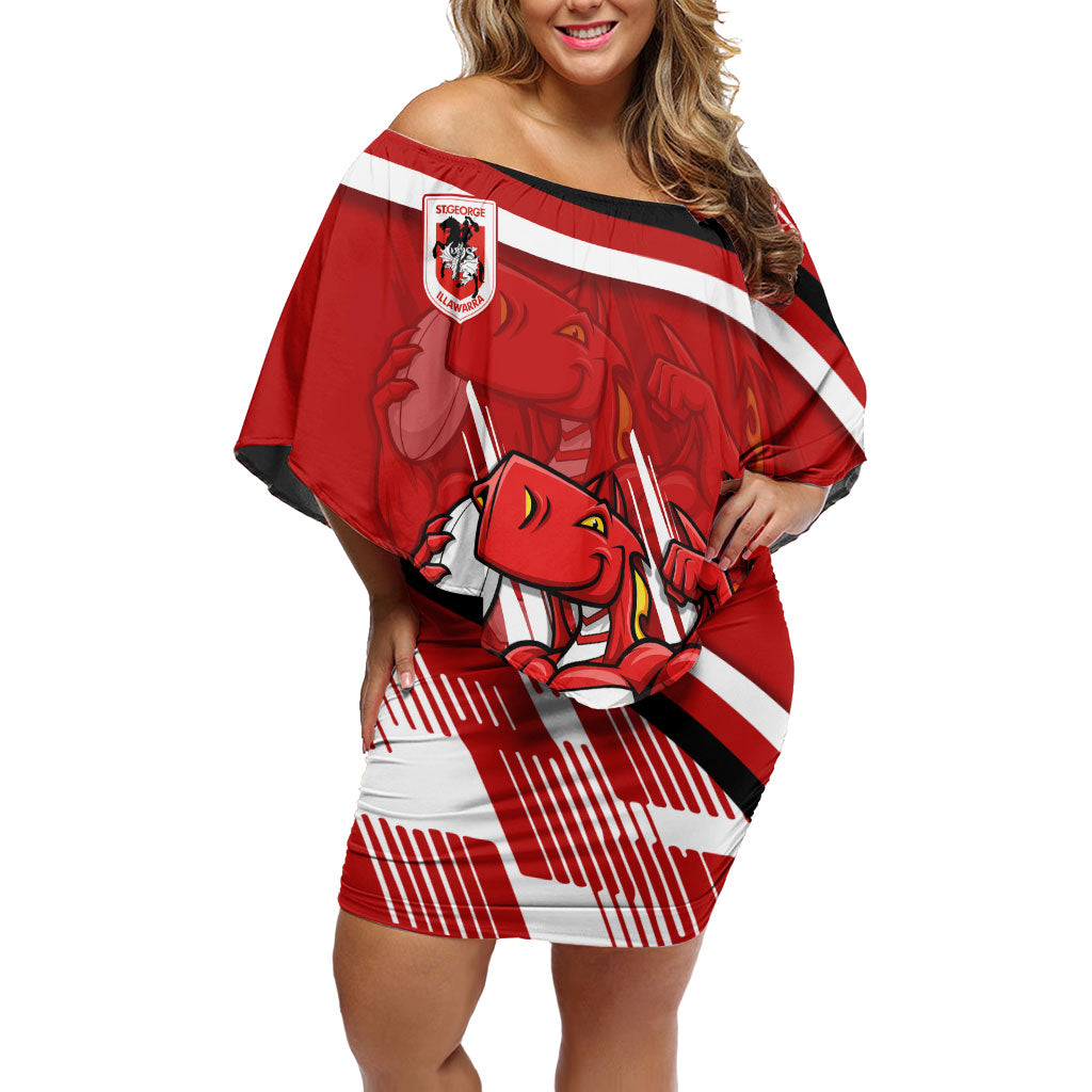 Dragons Rugby Mascot Off Shoulder Short Dress Fierce Athlete Graphic in Sports Style