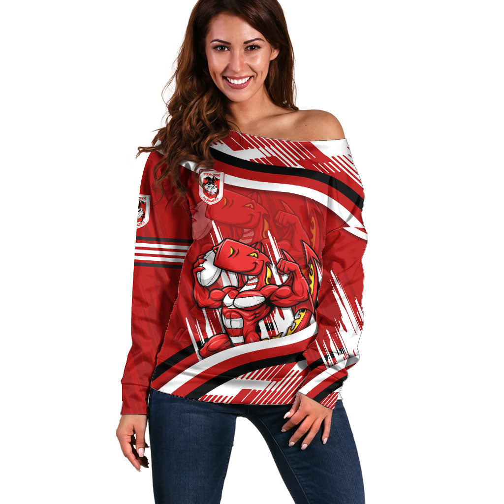 Dragons Rugby Mascot Off Shoulder Sweater Fierce Athlete Graphic in Sports Style