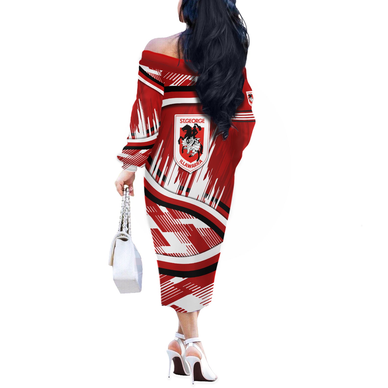 Dragons Rugby Mascot Off The Shoulder Long Sleeve Dress Fierce Athlete Graphic in Sports Style