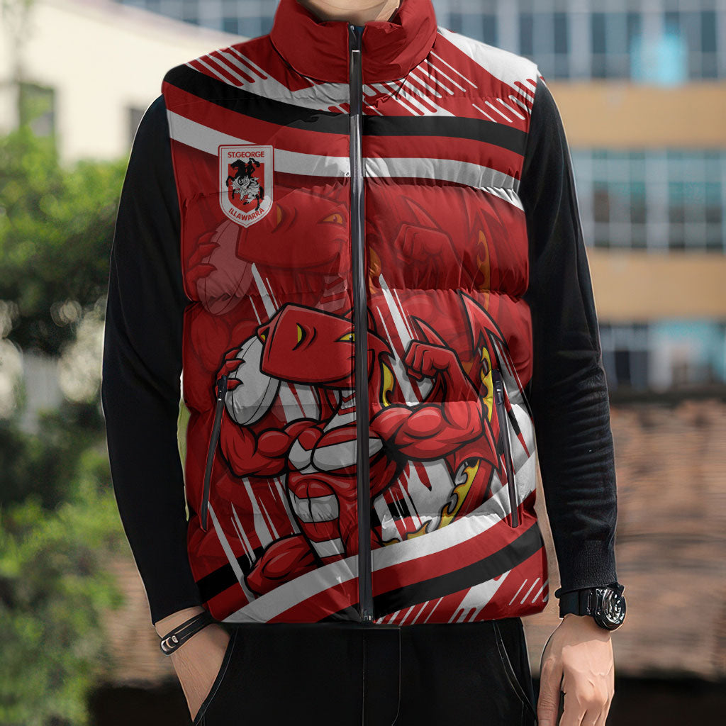 Dragons Rugby Mascot Sleeveless Puffer Jacket Fierce Athlete Graphic in Sports Style