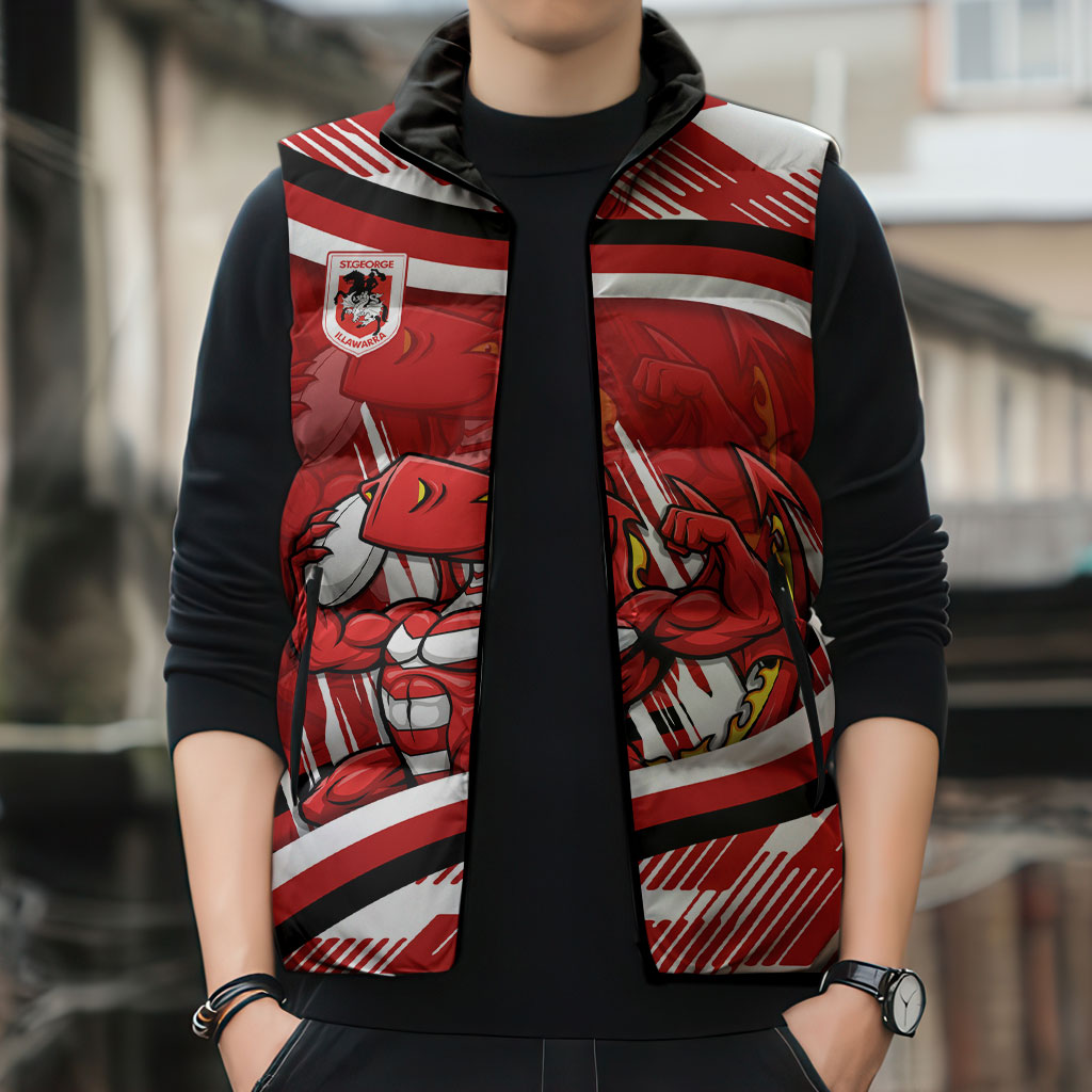 Dragons Rugby Mascot Sleeveless Puffer Jacket Fierce Athlete Graphic in Sports Style