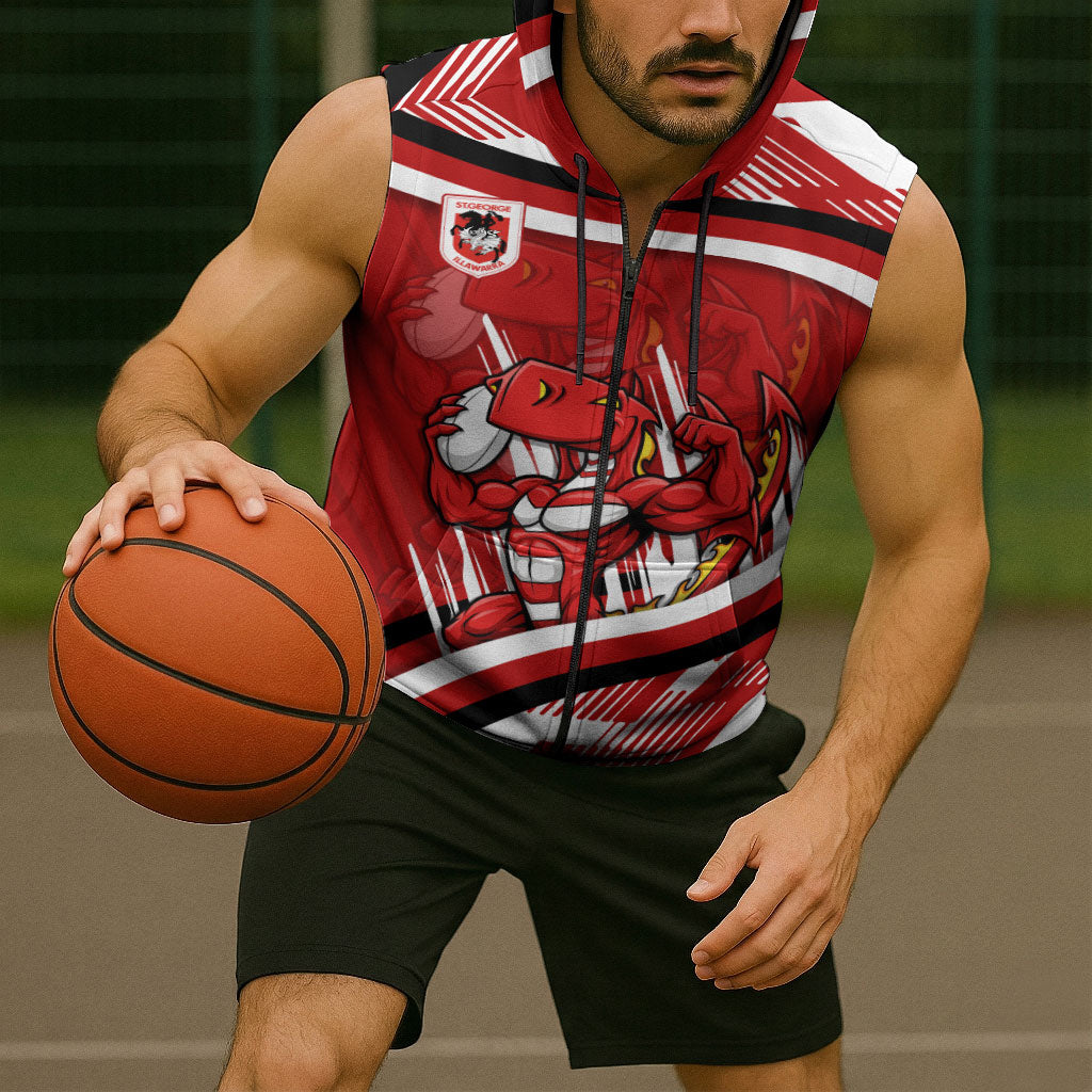 Dragons Rugby Mascot Sleeveless Zip Hoodie Fierce Athlete Graphic in Sports Style