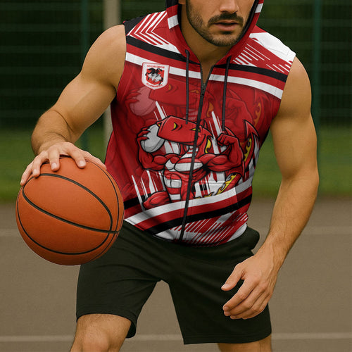 Dragons Rugby Mascot Sleeveless Zip Hoodie Fierce Athlete Graphic in Sports Style