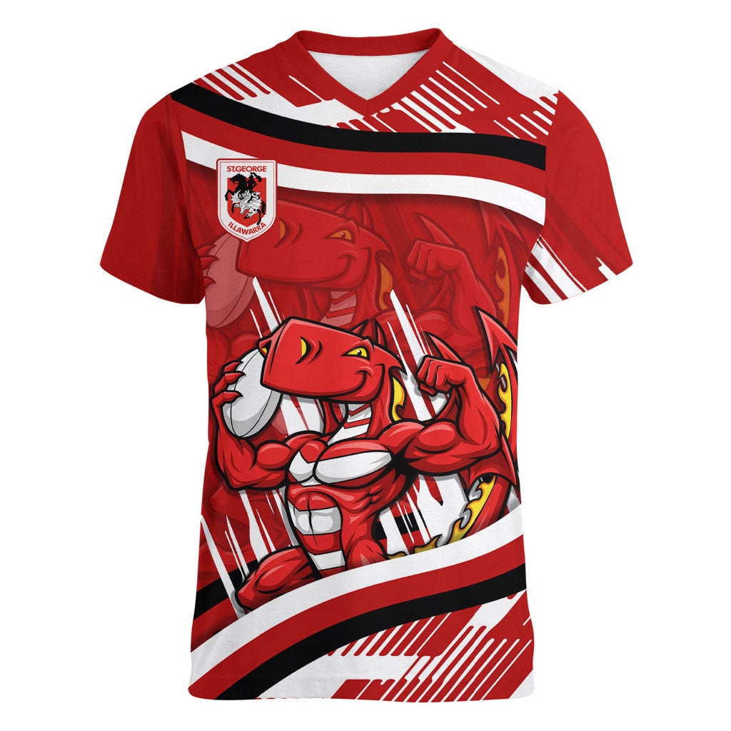 Dragons Rugby Mascot Women V-Neck T-Shirt Fierce Athlete Graphic in Sports Style