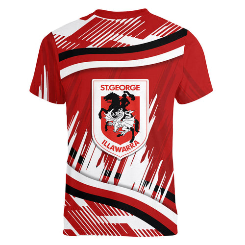 Dragons Rugby Mascot Women V-Neck T-Shirt Fierce Athlete Graphic in Sports Style