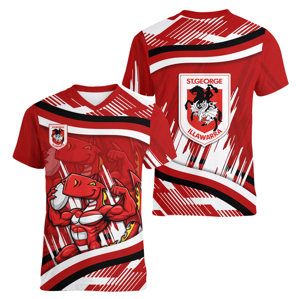 Dragons Rugby Mascot Women V-Neck T-Shirt Fierce Athlete Graphic in Sports Style
