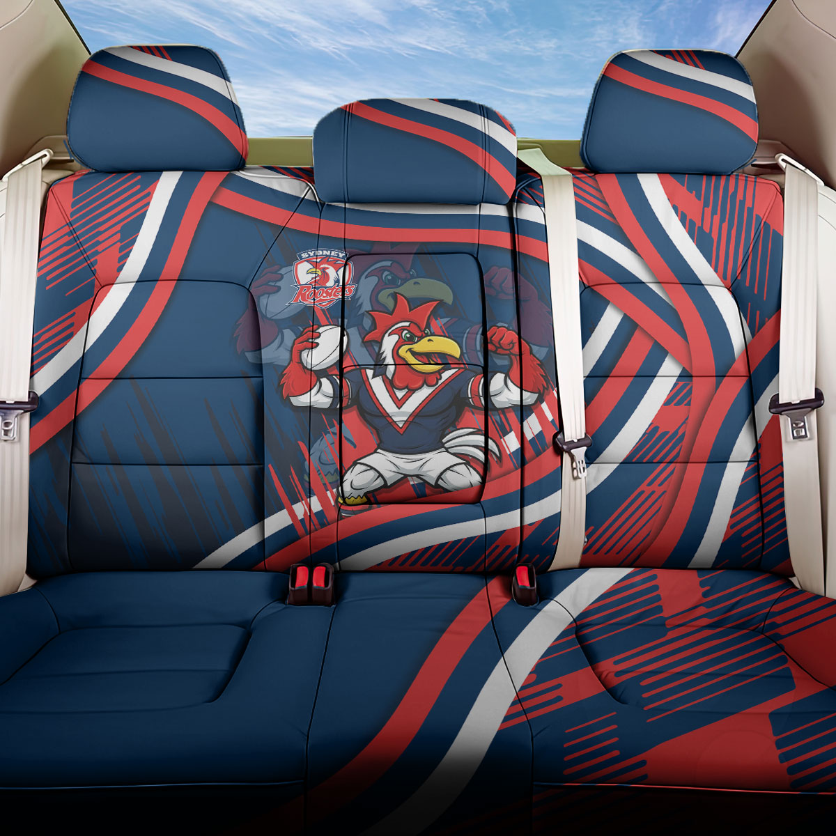 Roosters Rugby Mascot Back Car Seat Cover Fierce Athlete Graphic in Sports Style