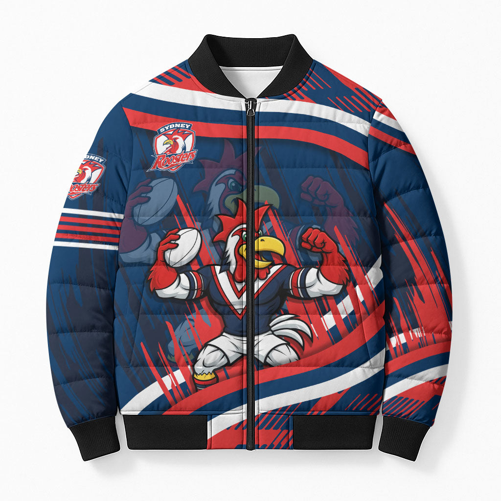 Roosters Rugby Mascot Bomber Puffer Jacket Fierce Athlete Graphic in Sports Style