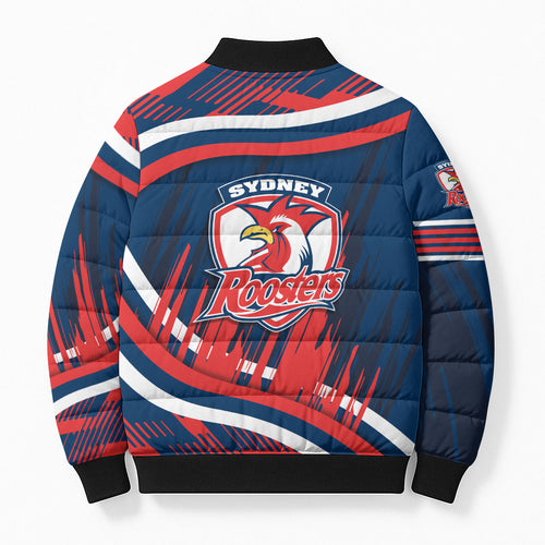 Roosters Rugby Mascot Bomber Puffer Jacket Fierce Athlete Graphic in Sports Style