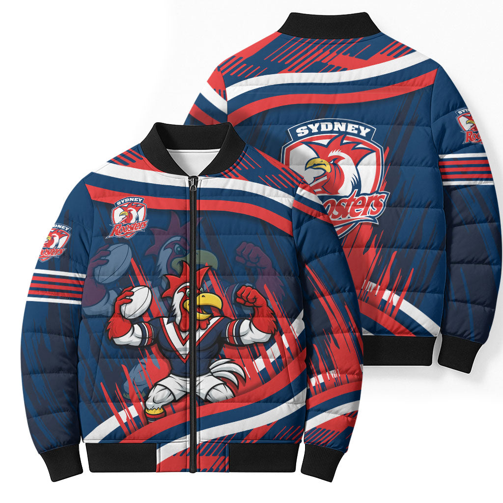 Roosters Rugby Mascot Bomber Puffer Jacket Fierce Athlete Graphic in Sports Style