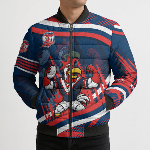 Roosters Rugby Mascot Bomber Puffer Jacket Fierce Athlete Graphic in Sports Style