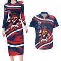 Roosters Rugby Mascot Couples Matching Long Sleeve Bodycon Dress and Hawaiian Shirt Fierce Athlete Graphic in Sports Style