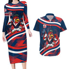Roosters Rugby Mascot Couples Matching Long Sleeve Bodycon Dress and Hawaiian Shirt Fierce Athlete Graphic in Sports Style