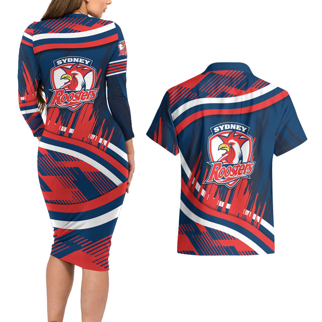 Roosters Rugby Mascot Couples Matching Long Sleeve Bodycon Dress and Hawaiian Shirt Fierce Athlete Graphic in Sports Style