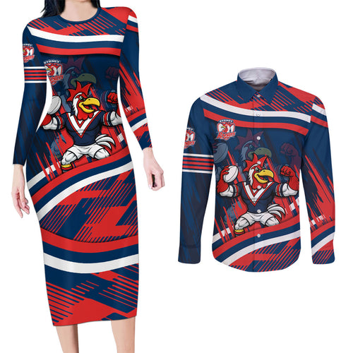 Roosters Rugby Mascot Couples Matching Long Sleeve Bodycon Dress and Long Sleeve Button Shirt Fierce Athlete Graphic in Sports Style