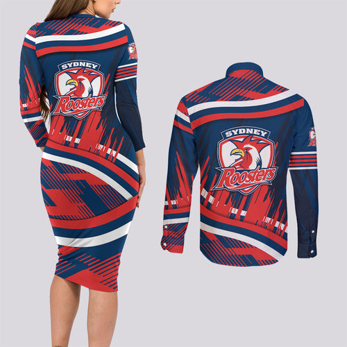 Roosters Rugby Mascot Couples Matching Long Sleeve Bodycon Dress and Long Sleeve Button Shirt Fierce Athlete Graphic in Sports Style