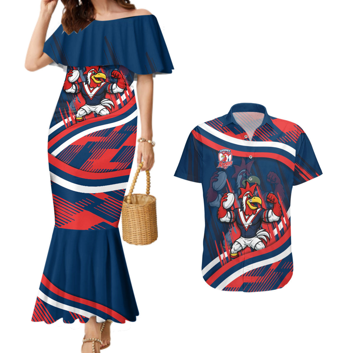 Roosters Rugby Mascot Couples Matching Mermaid Dress and Hawaiian Shirt Fierce Athlete Graphic in Sports Style