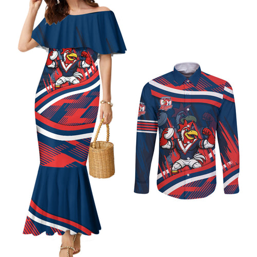Roosters Rugby Mascot Couples Matching Mermaid Dress and Long Sleeve Button Shirt Fierce Athlete Graphic in Sports Style