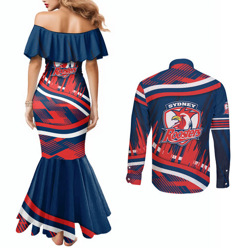 Roosters Rugby Mascot Couples Matching Mermaid Dress and Long Sleeve Button Shirt Fierce Athlete Graphic in Sports Style